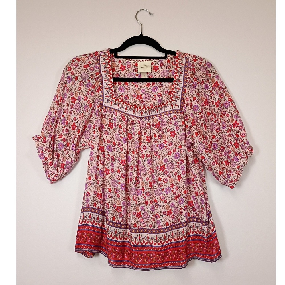 Boho Cottagecore Knox Rose Womens Small Pink Floral Puff Sleeve Square Neck‎ Top